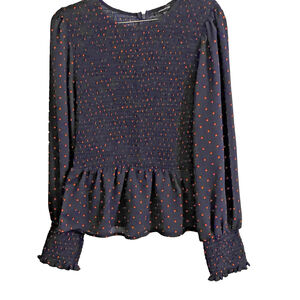 Mittoshop Navy Orange Boho Babydoll Long Sleeve Smocked Peplum Blouse Top M